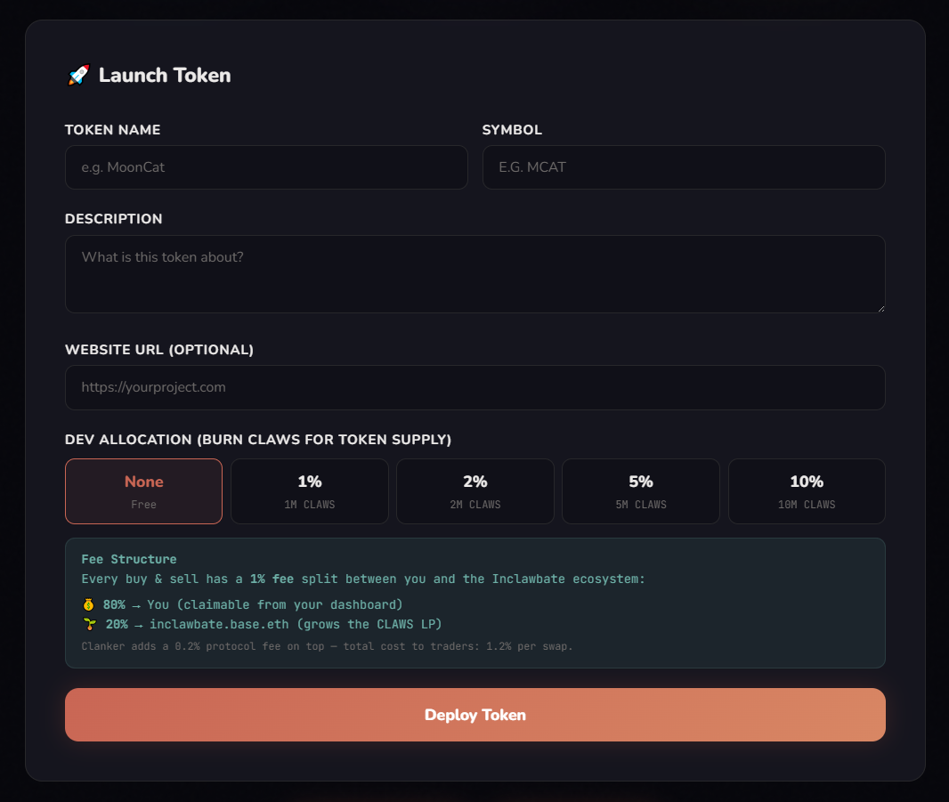 Token launch interface showing name, ticker, and dev allocation tiers