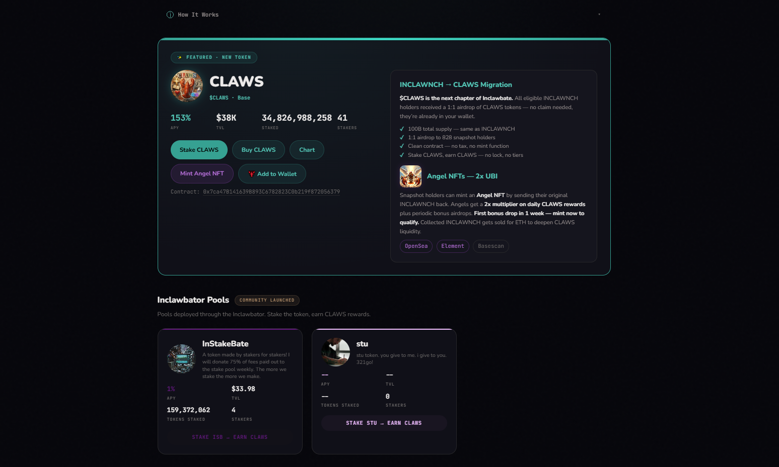 Staking page showing three pool categories with TVL and APY for each